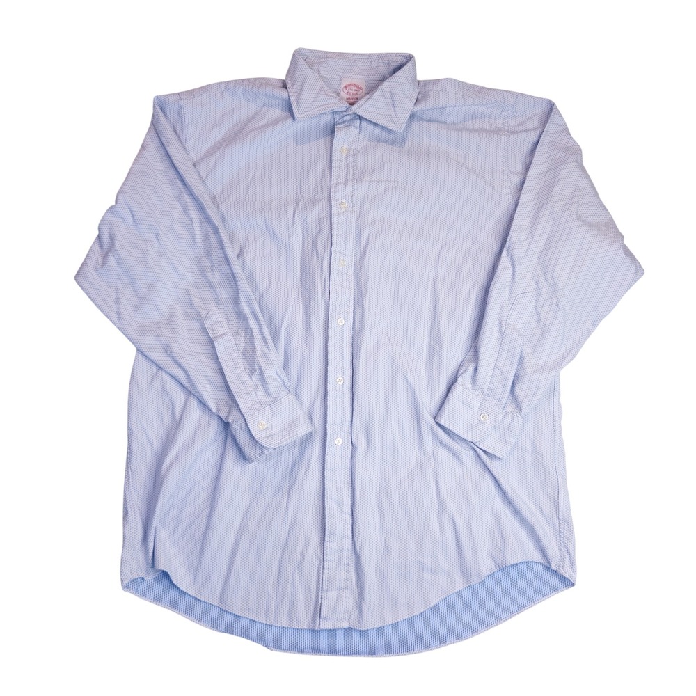 Brooks Brothers Dress Shirt Mens 17.5 34 Blue Madison Supima Cotton Geometric EX